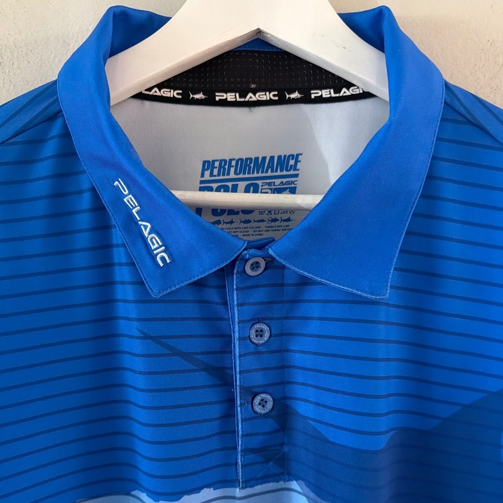Pelagic Mens Performance Polo Shirt Blue Marlin Striped UV Protection XL